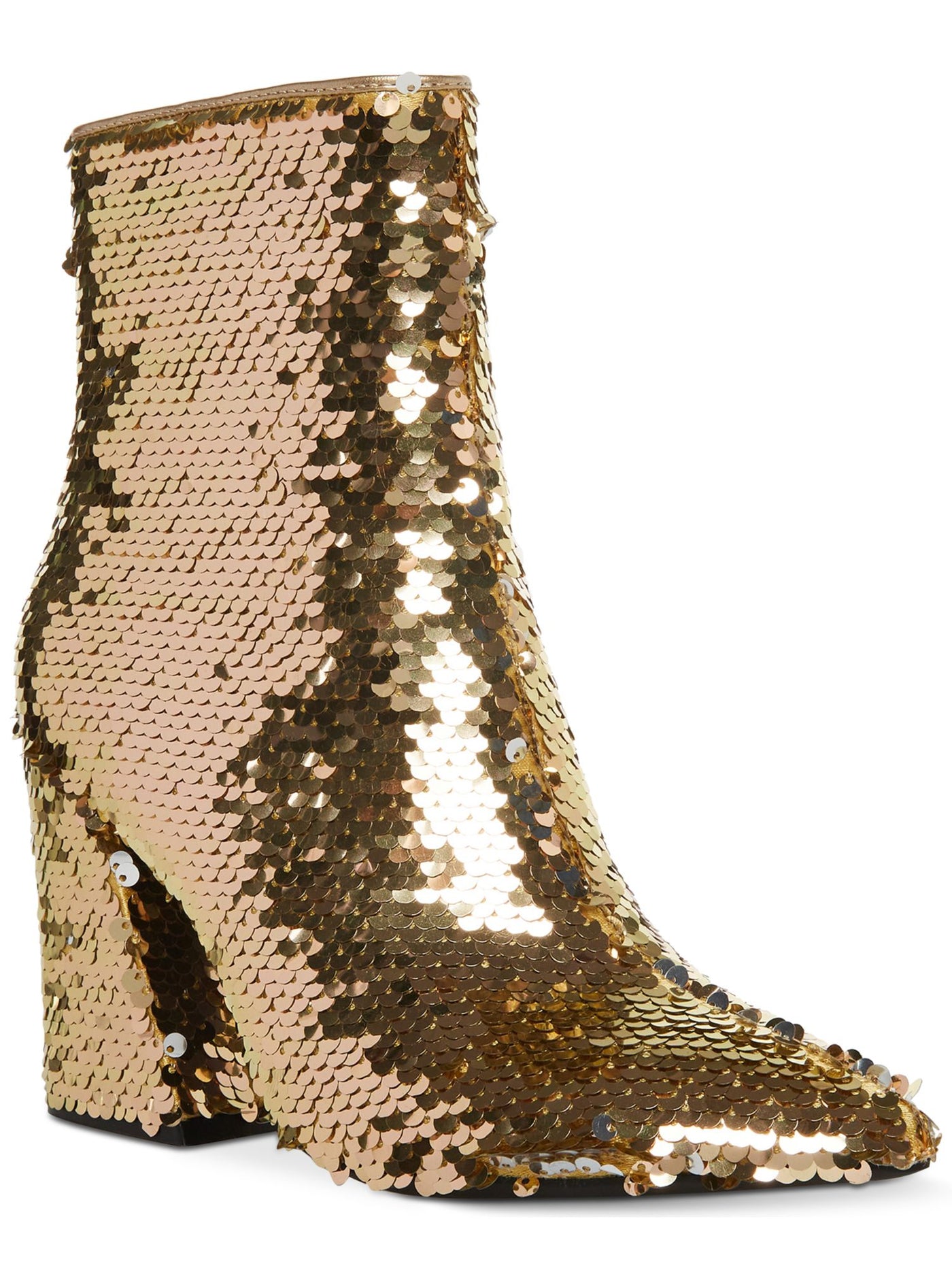 MADDEN GIRL Womens Gold Sequined Cody Pointed Toe Block Heel Zip-Up Booties 5 M