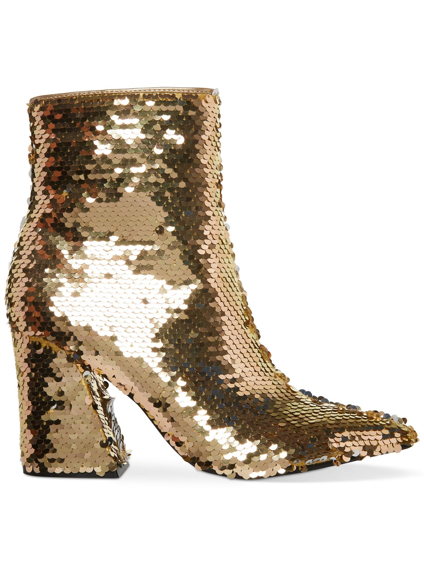 MADDEN GIRL Womens Gold Sequined Cody Pointed Toe Block Heel Zip-Up Booties 5.5 M