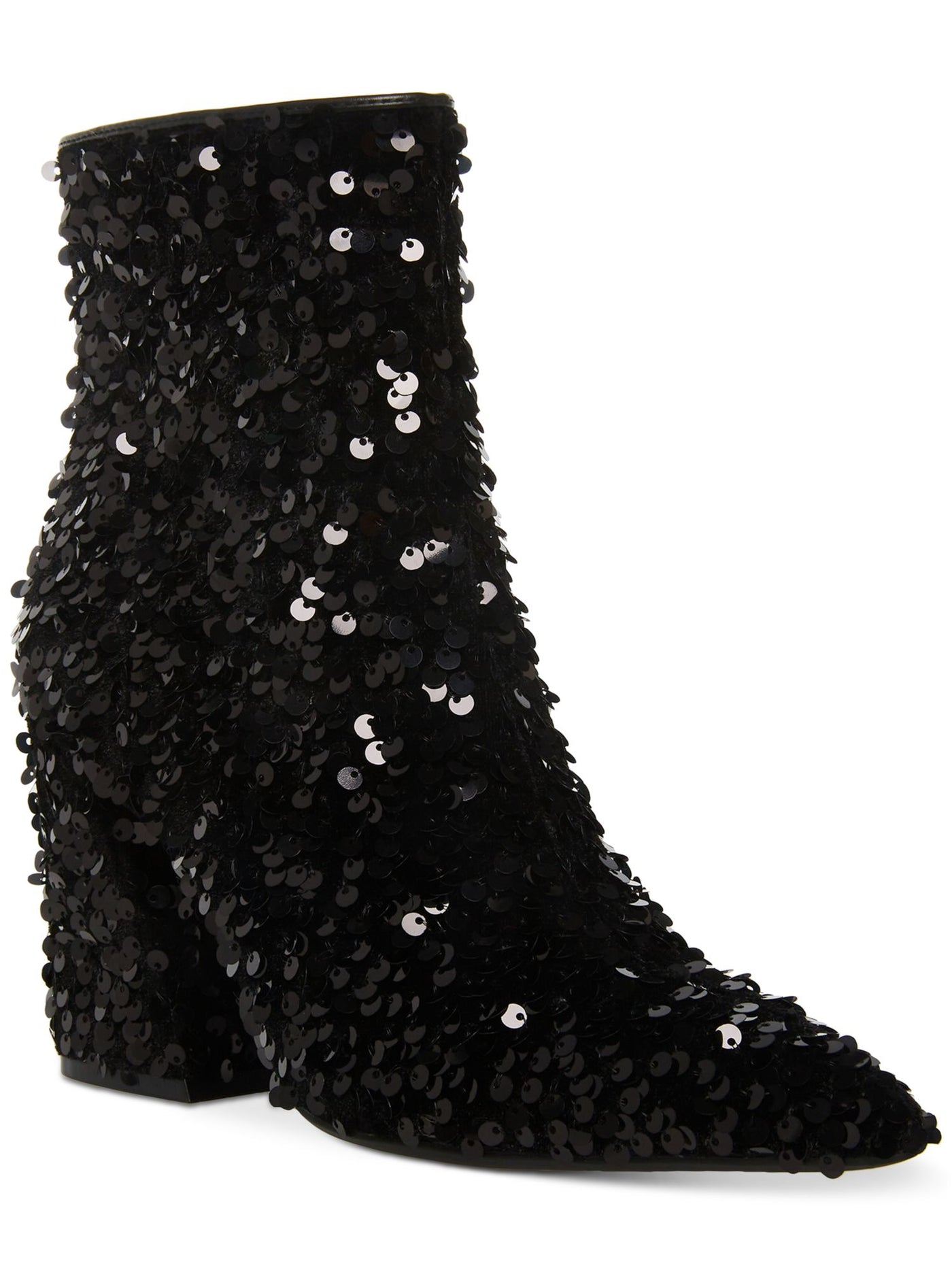 MADDEN GIRL Womens Black Sequined Padded Cody Pointed Toe Block Heel Zip-Up Booties 5 M