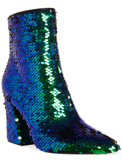 MADDEN GIRL Womens Green Sequined Cody Pointed Toe Block Heel Zip-Up Booties 5.5 M