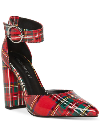 MADDEN GIRL Womens Red Plaid Padded Goring Adjustable Saxon Pointed Toe Block Heel Buckle Dress Pumps Shoes 6.5 M
