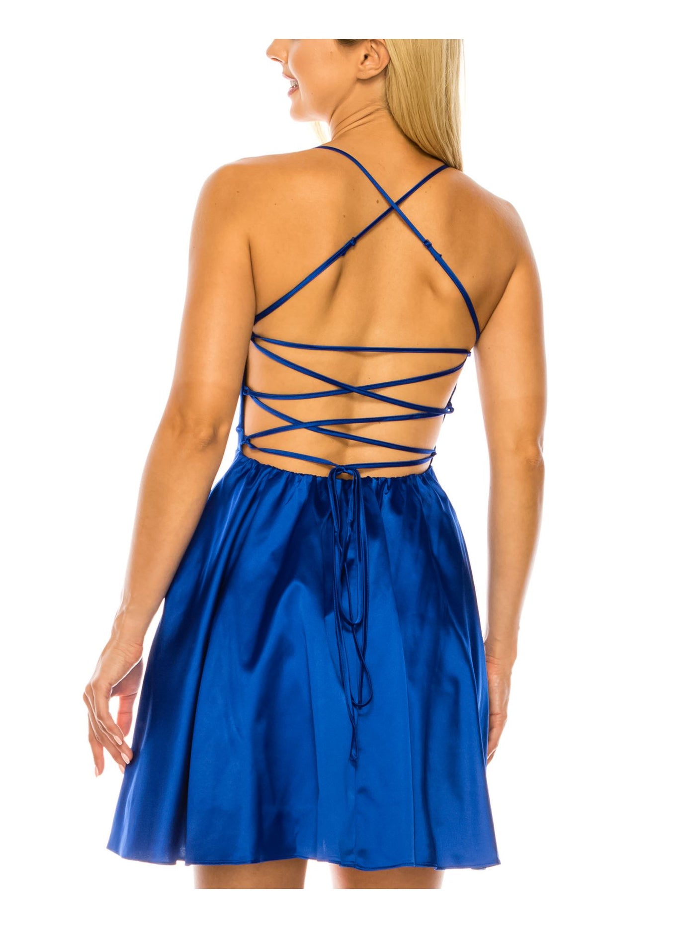B DARLIN Womens Blue Open Back Adjustable Lined Pocketed Spaghetti Strap Square Neck Short Party A-Line Dress Juniors 5\6