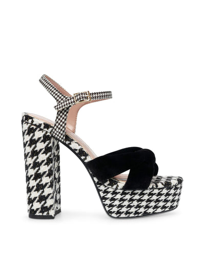 BETSEY JOHNSON Womens Black Mixed Media 1-1/2" Platform Knotted Ankle Strap Padded Melanni Peep Toe Block Heel Buckle Heeled Sandal 10 M