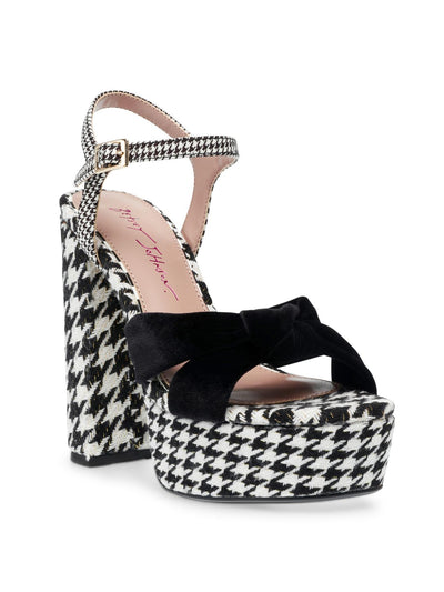 BETSEY JOHNSON Womens Black Mixed Media 1-1/2" Platform Knotted Ankle Strap Padded Melanni Peep Toe Block Heel Buckle Heeled Sandal 10 M