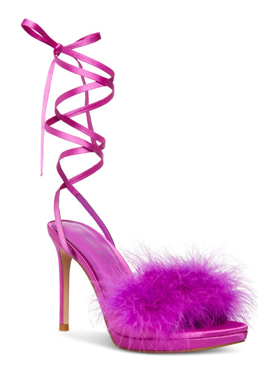 MADDEN GIRL Womens Purple Feather Trim Crisscrossing Straps Padded Excitee Round Toe Stiletto Lace-Up Dress Heeled Sandal 9.5 M