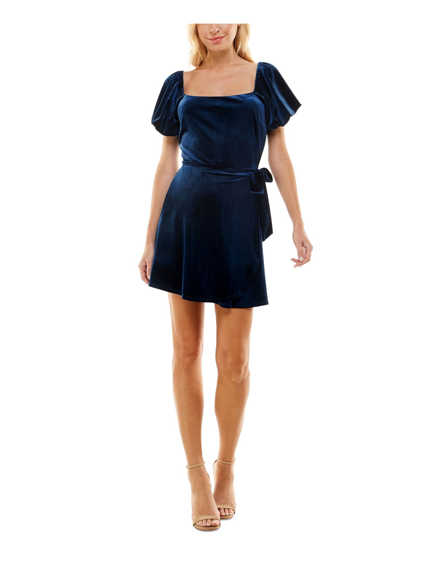 TRIXXI Womens Navy Zippered Short Sleeve Square Neck Short Party Fit + Flare Dress Juniors XS