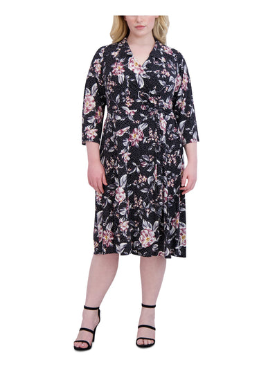 SIGNATURE BY ROBBIE BEE Womens Black Textured Unlined Ring Hardware Floral 3/4 Sleeve Collared Tea-Length Faux Wrap Dress Plus 1X