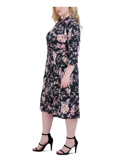 SIGNATURE BY ROBBIE BEE Womens Black Textured Unlined Ring Hardware Floral 3/4 Sleeve Collared Tea-Length Faux Wrap Dress Plus 1X