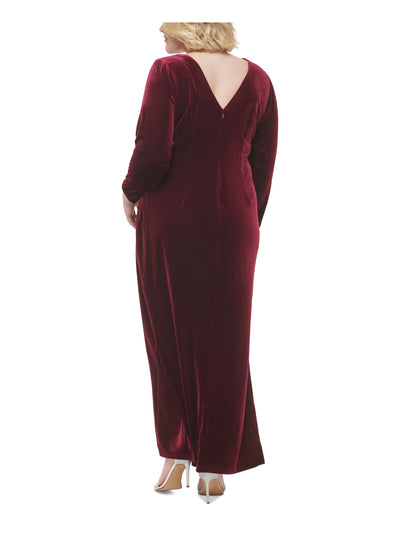 ELIZA J Womens Burgundy Zippered Long Sleeve V Neck Tea-Length Wear To Work Sheath Dress Plus 22W