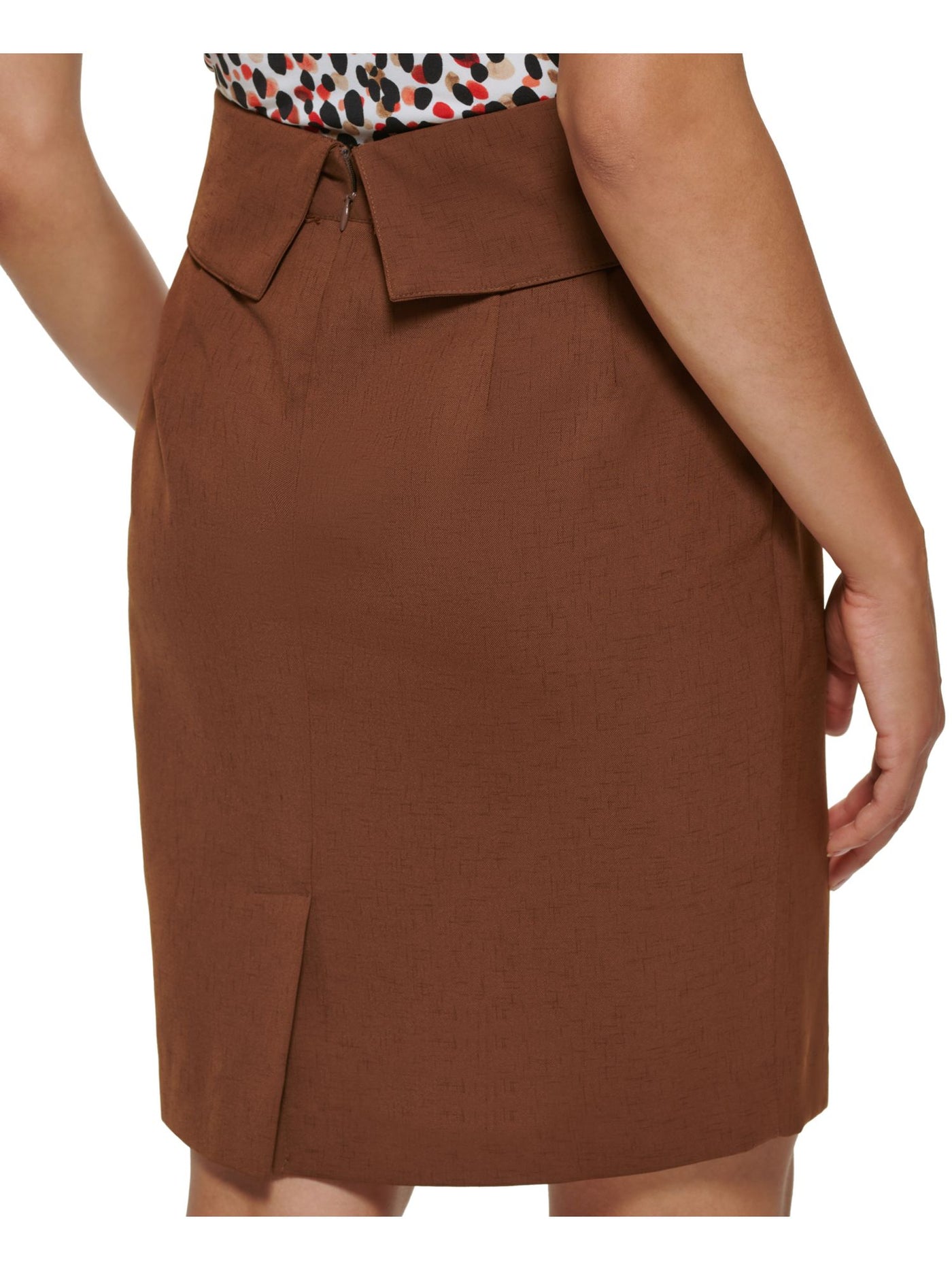 DKNY Womens Brown Zippered Pocketed Tie Front Vented Back Above The Knee Wear To Work Pencil Skirt Petites 2P
