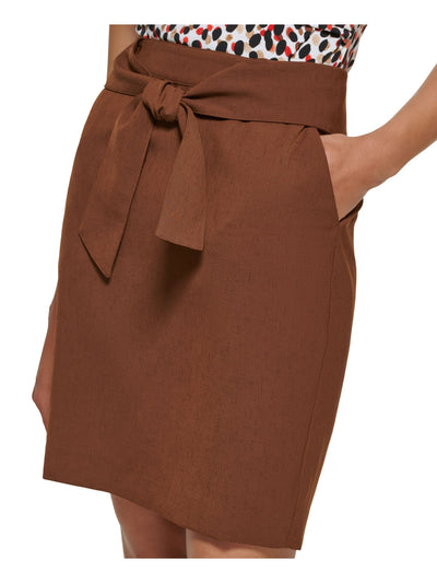 DKNY Womens Brown Zippered Pocketed Tie Front Vented Back Above The Knee Wear To Work Pencil Skirt Petites 2P