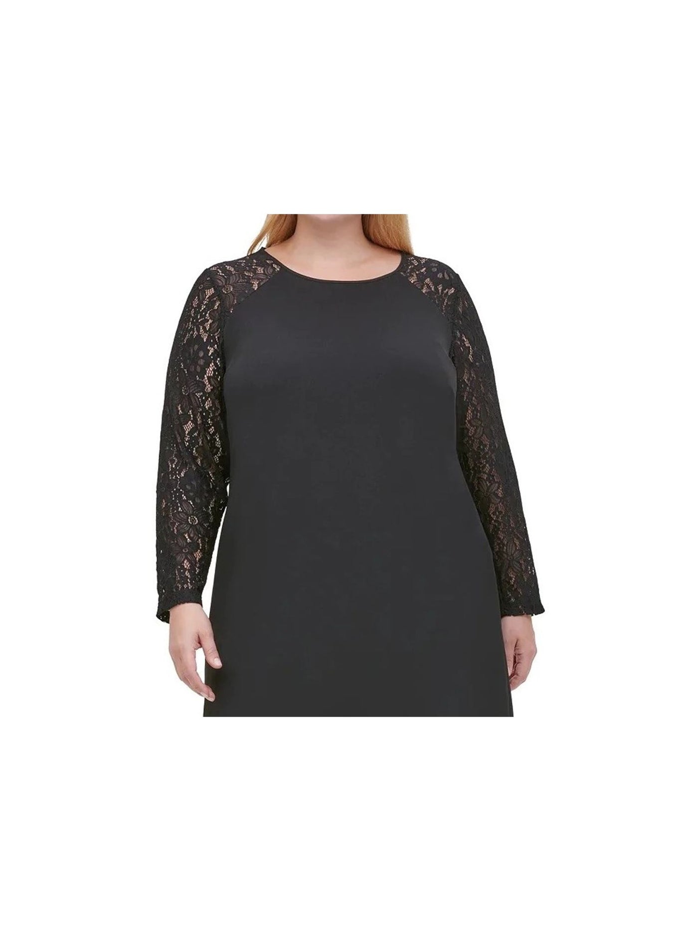 TOMMY HILFIGER Womens Black Lace Unlined Zippered 3/4 Sleeve Round Neck Above The Knee Shift Dress Plus 18W