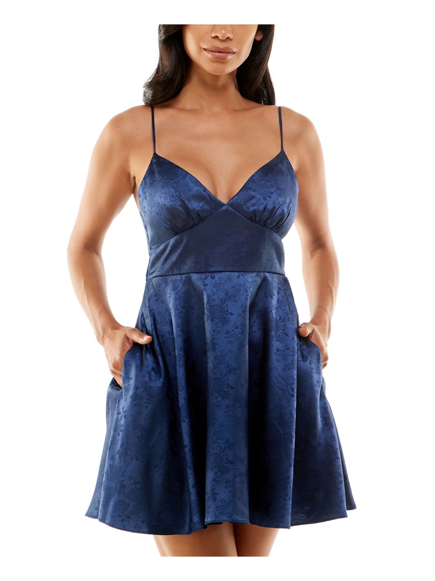 B DARLIN Womens Navy Zippered Pocketed Lined Spaghetti Strap V Neck Short Party Fit + Flare Dress