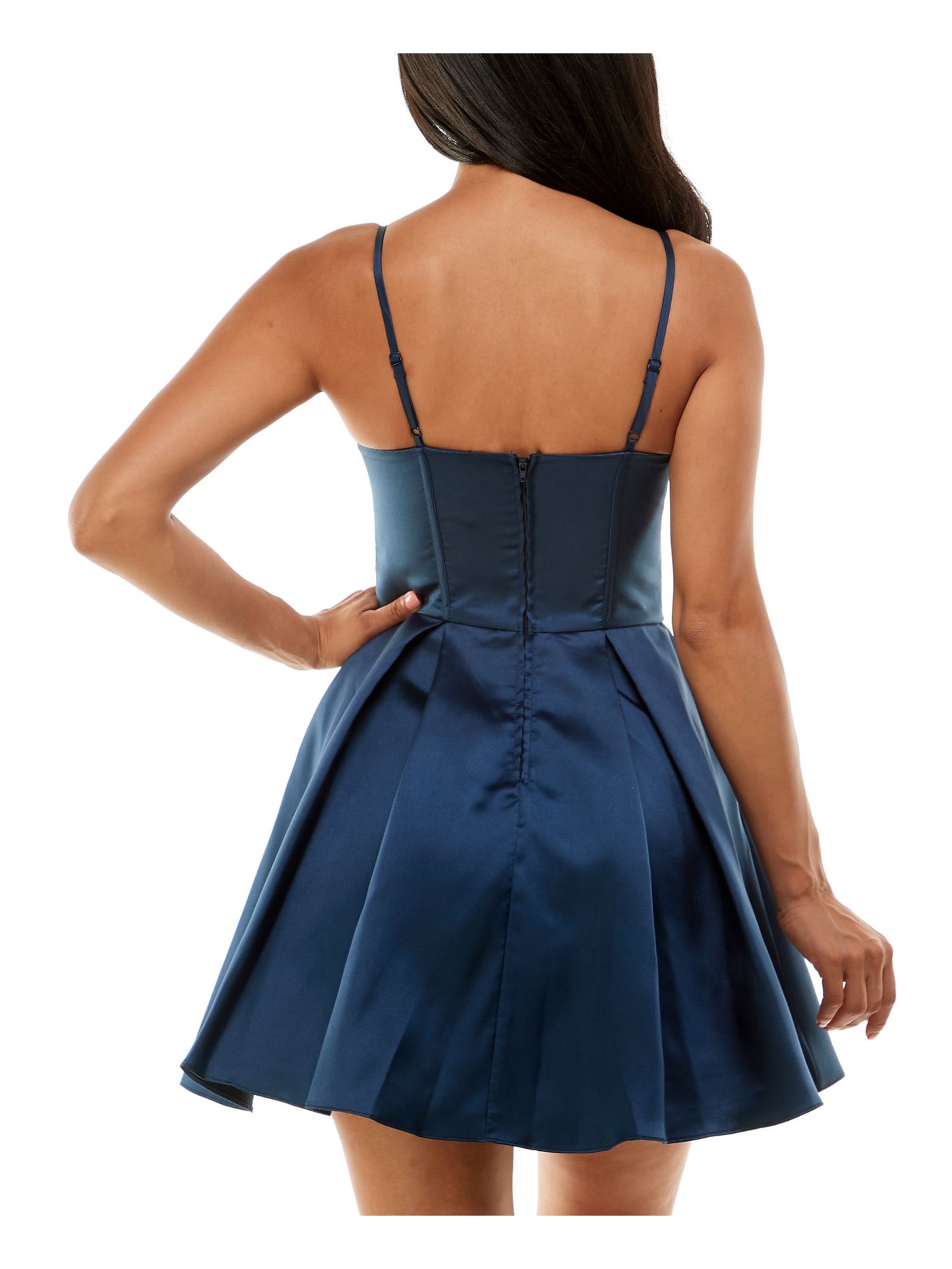 B DARLIN Womens Navy Zippered Pocketed Corset Bodice Pleated Skirt Spaghetti Strap Sweetheart Neckline Short Party Fit + Flare Dress Juniors 11\12
