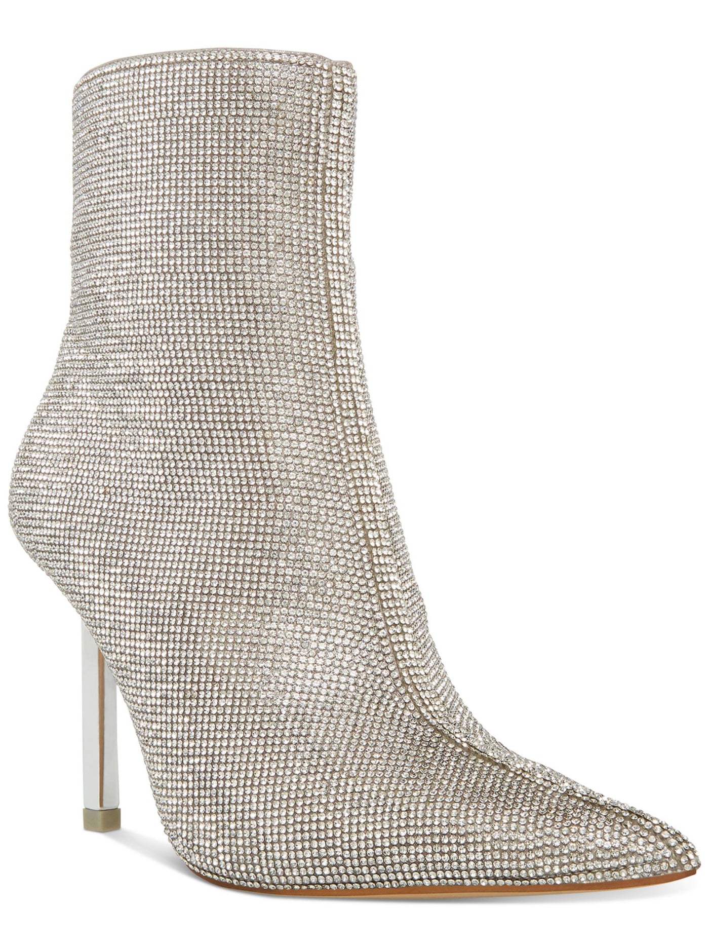 STEVE MADDEN Womens Silver Rhinestone Metallic Elysia Pointed Toe Stiletto Zip-Up Booties 10 M