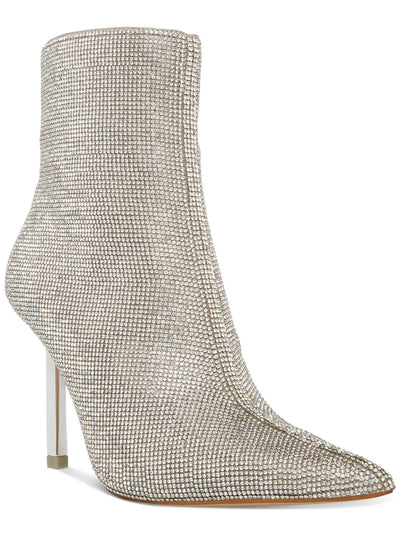 STEVE MADDEN Womens Silver Rhinestone Metallic Elysia Pointed Toe Stiletto Zip-Up Booties 10 M