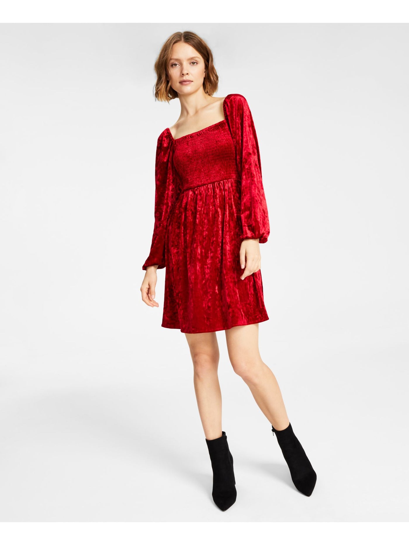 BAR III Womens Red Unlined Smocked Pullover Long Sleeve Square Neck Above The Knee Fit + Flare Dress XS