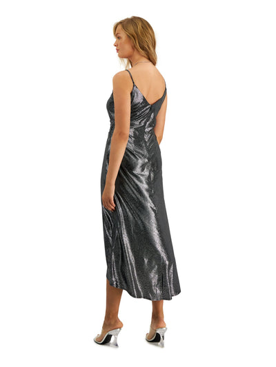 BAR III DRESSES Womens Black Zippered Twist Front Lined Spaghetti Strap Surplice Neckline Tea-Length Party Faux Wrap Dress XS