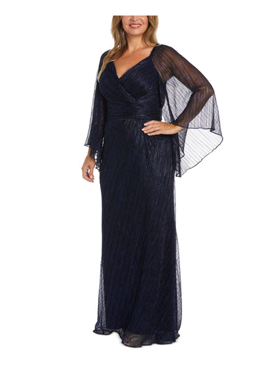 NIGHTWAY Womens Navy Zippered Lined Draped Illusion Sleeves Sweetheart Neckline Full-Length Evening Gown Dress 4