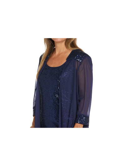 R&M RICHARDS Womens Navy Sequined Sheer 3/4 Sleeve Open Front Wear To Work Cardigan 18