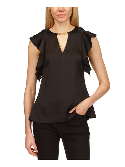 MICHAEL MICHAEL KORS Womens Black Ruffled Textured Chain Detail Keyhole Back Cap Sleeve V Neck Wear To Work Top S