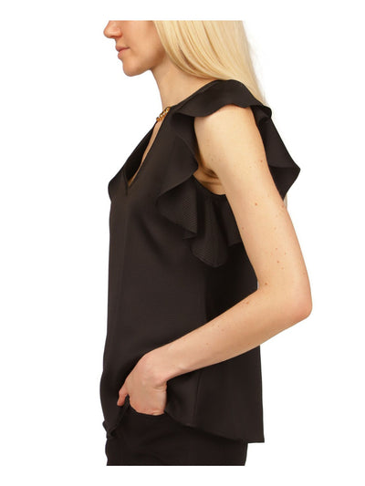 MICHAEL MICHAEL KORS Womens Black Ruffled Textured Chain Detail Keyhole Back Cap Sleeve V Neck Wear To Work Top XS