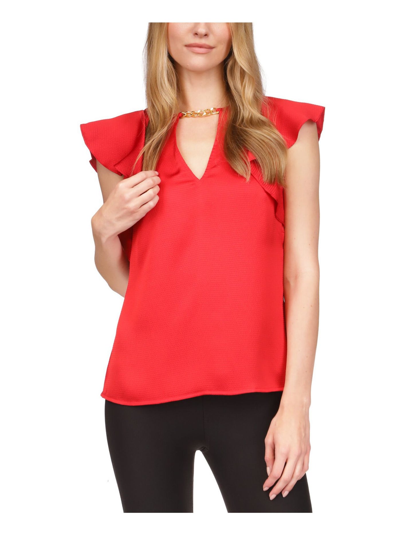 MICHAEL MICHAEL KORS Womens Red Ruffled Textured Chain Detail Keyhole Back Cap Sleeve V Neck Top S