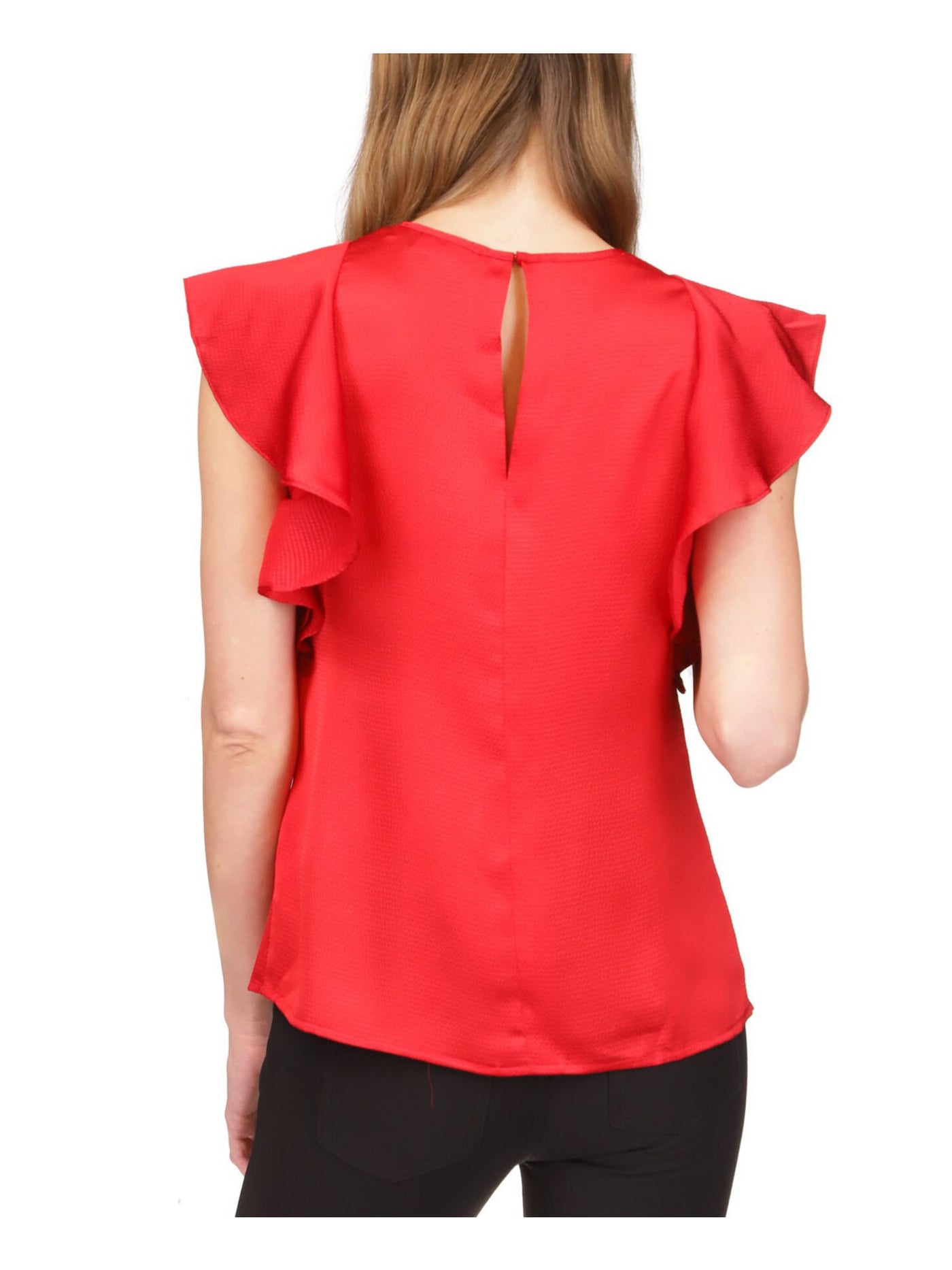 MICHAEL MICHAEL KORS Womens Red Ruffled Textured Chain Detail Keyhole Back Cap Sleeve V Neck Top XS