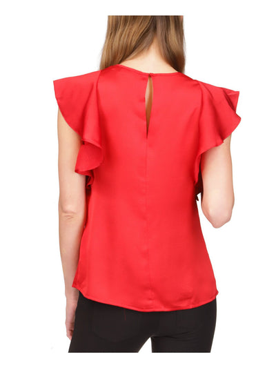 MICHAEL MICHAEL KORS Womens Red Ruffled Textured Chain Detail Keyhole Back Cap Sleeve V Neck Top S