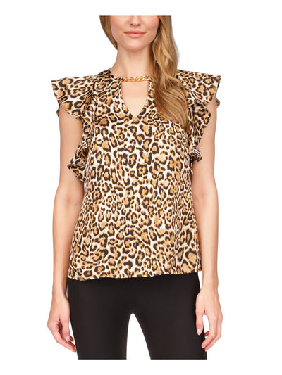 MICHAEL MICHAEL KORS Womens Beige Animal Print Flutter Sleeve Crew Neck Cocktail Top XS