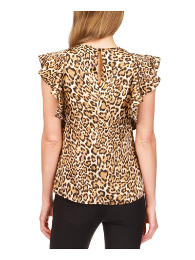 MICHAEL MICHAEL KORS Womens Beige Animal Print Flutter Sleeve Crew Neck Cocktail Top XS