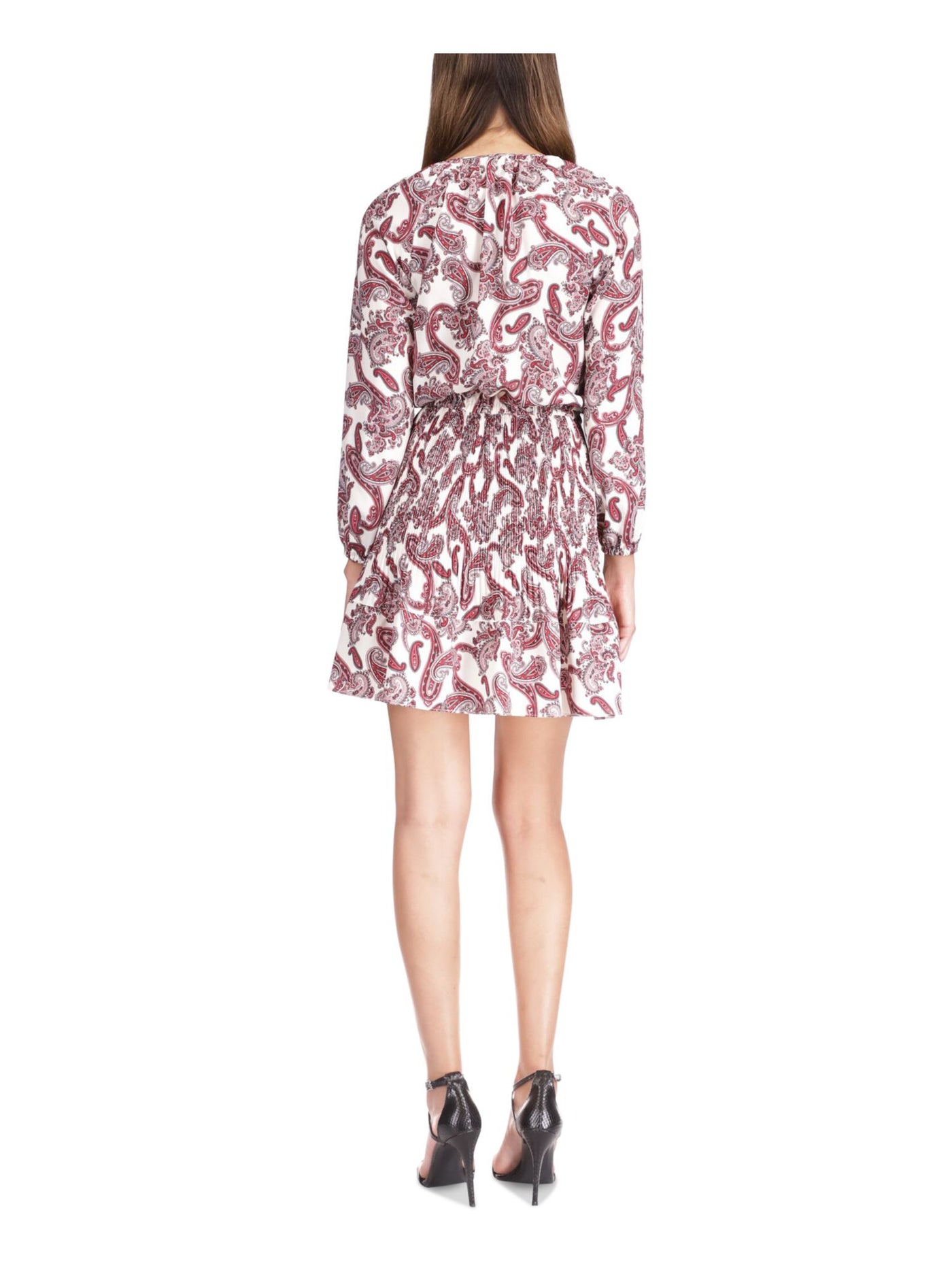 MICHAEL MICHAEL KORS Womens Ivory Pleated Ruffled Pullover Keyhole Elastic Waist Paisley Long Sleeve Tie Neck Short Party Fit + Flare Dress S