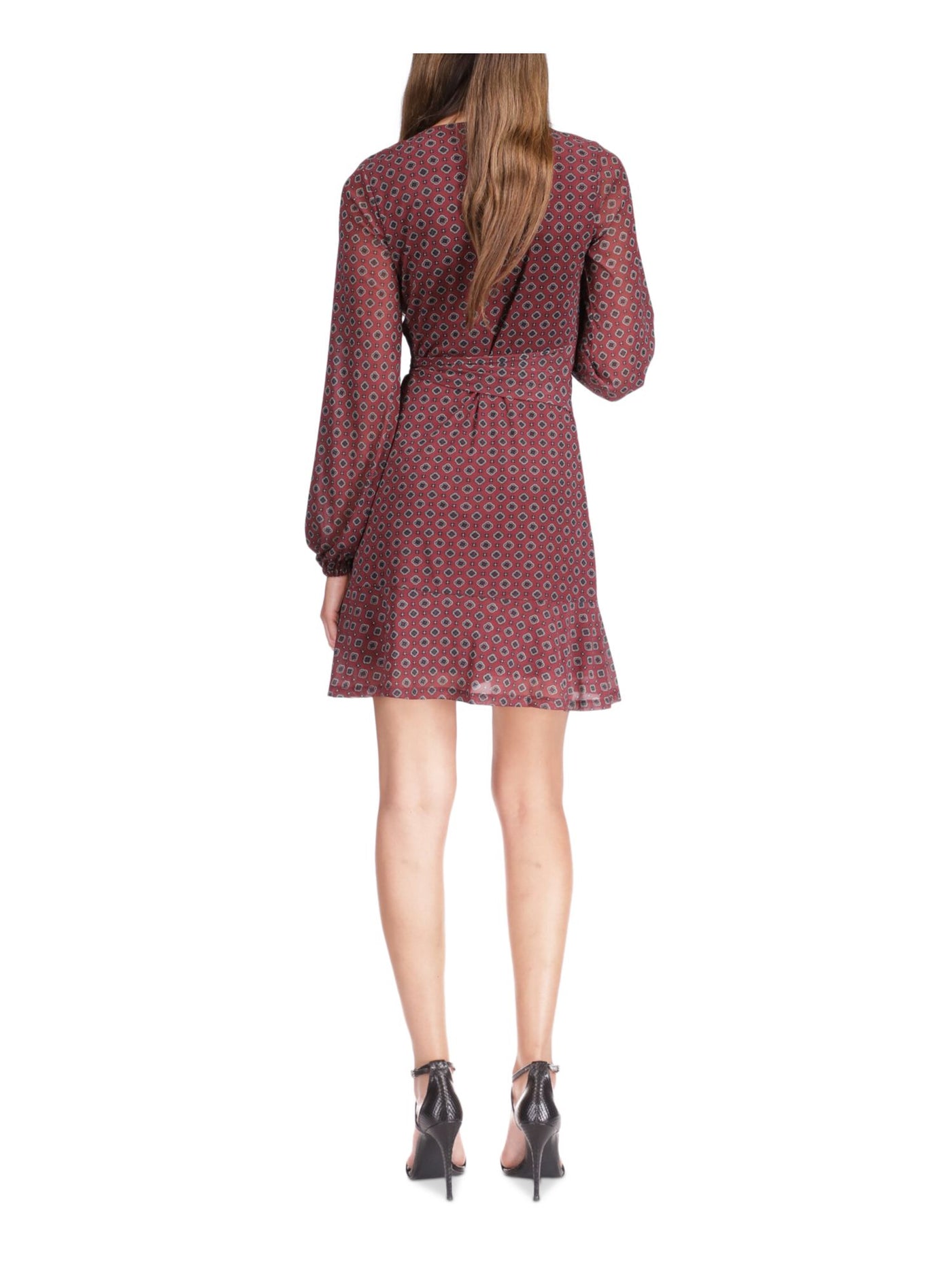 MICHAEL MICHAEL KORS Womens Maroon Lined Tie Button Keyhole Pullover Long Sleeve Jewel Neck Mini Party Faux Wrap Dress S