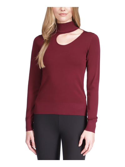 MICHAEL MICHAEL KORS Womens Burgundy Cut Out Zippered Ribbed Trim Long Sleeve Mock Neck Sweater L