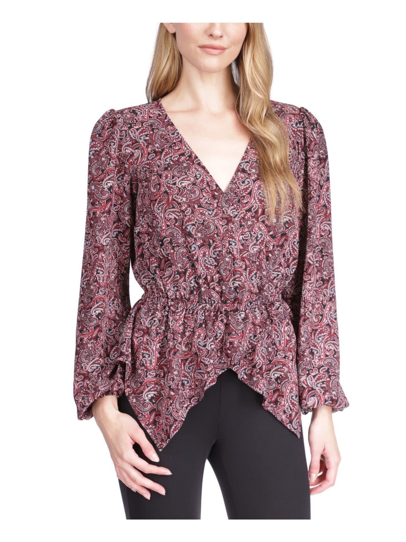 MICHAEL MICHAEL KORS Womens Maroon Paisley Long Sleeve Surplice Neckline Wear To Work Faux Wrap Top Petites P\XS