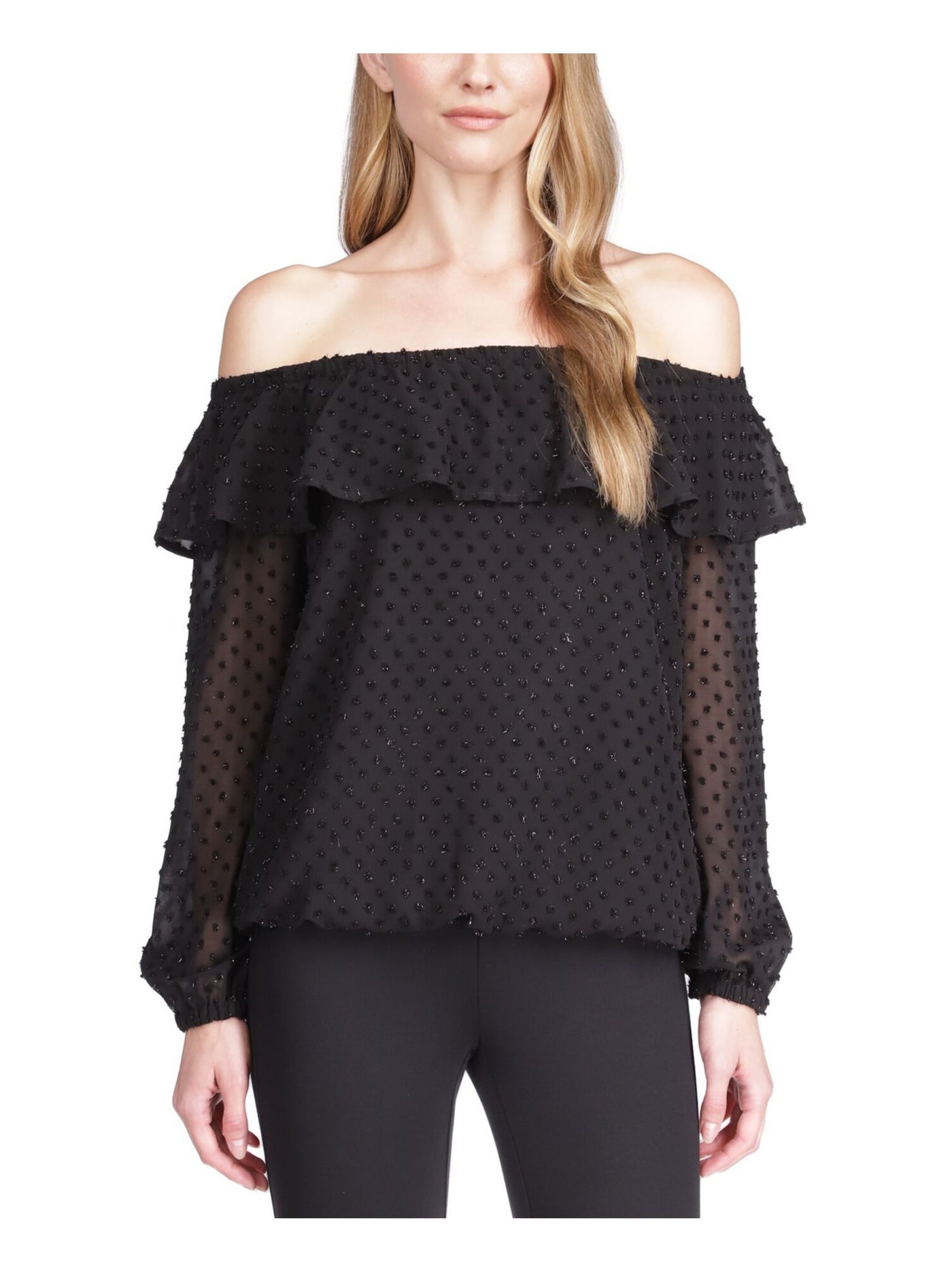 MICHAEL MICHAEL KORS Womens Black Sheer Lined Elasticized Ruffled Long Sleeve Off Shoulder Cocktail Top XL