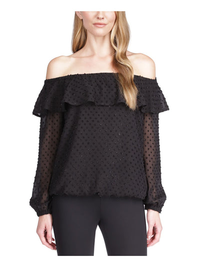 MICHAEL MICHAEL KORS Womens Black Sheer Lined Elasticized Ruffled Long Sleeve Off Shoulder Cocktail Top S