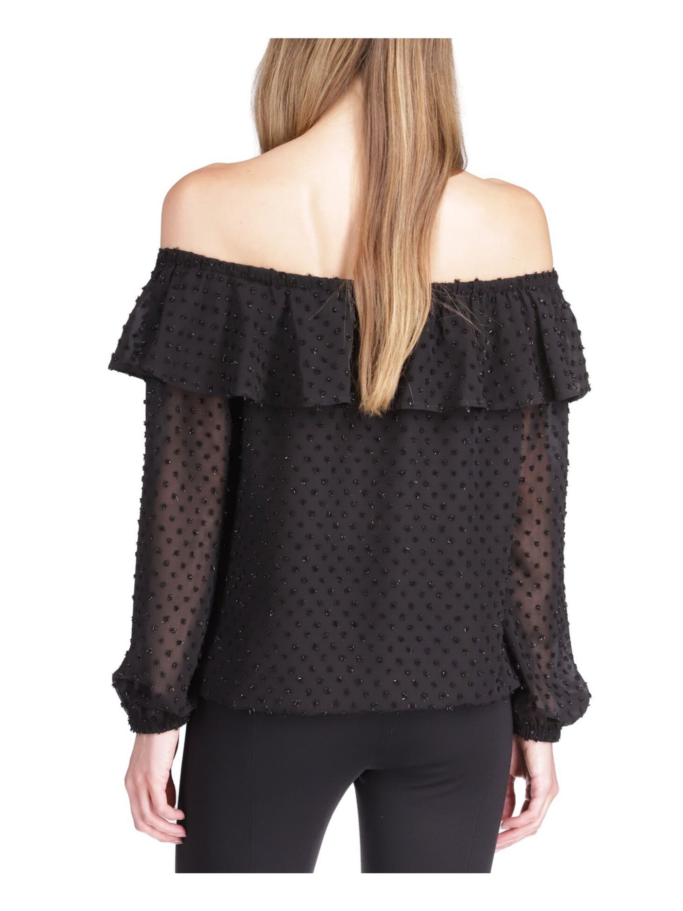 MICHAEL MICHAEL KORS Womens Black Sheer Lined Elasticized Ruffled Long Sleeve Off Shoulder Cocktail Top XL