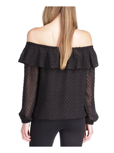 MICHAEL MICHAEL KORS Womens Black Lined Sheer Elasticized Pullover Ruffled Long Sleeve Off Shoulder Cocktail Top Petites P\M