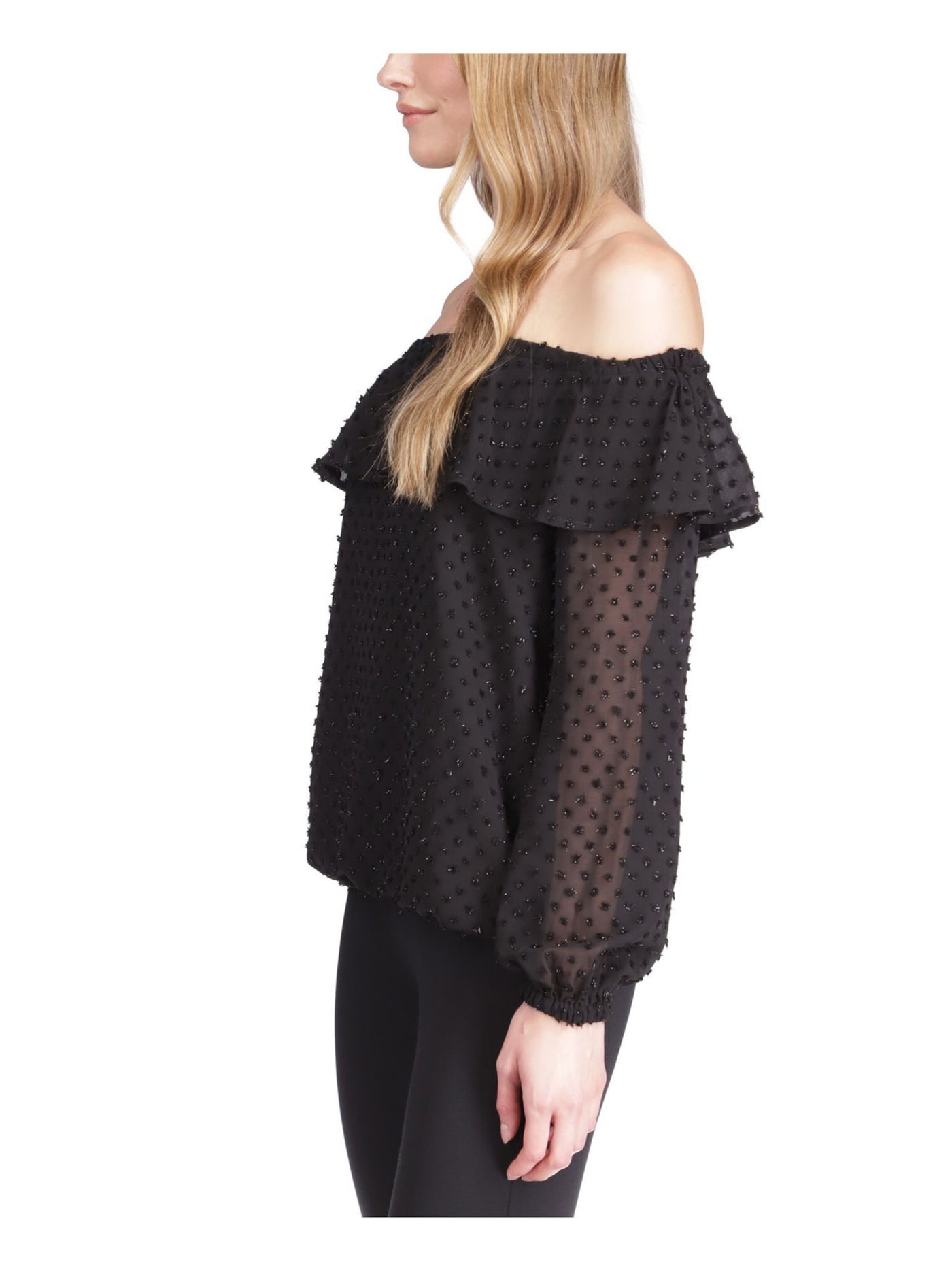 MICHAEL MICHAEL KORS Womens Black Sheer Lined Elasticized Ruffled Long Sleeve Off Shoulder Cocktail Top XS