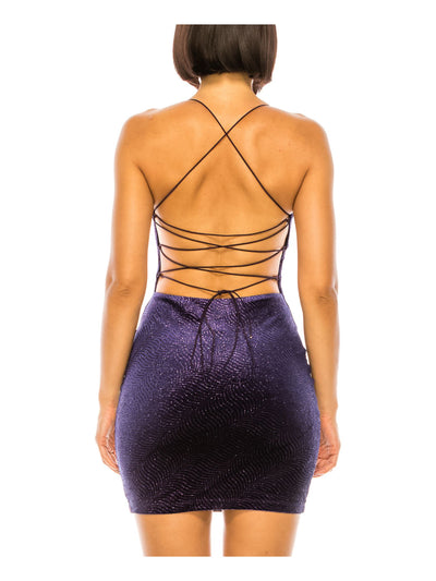 B DARLIN Womens Purple Lined Lace-up Open Back Spaghetti Strap Cowl Neck Short Party Body Con Dress Juniors XL