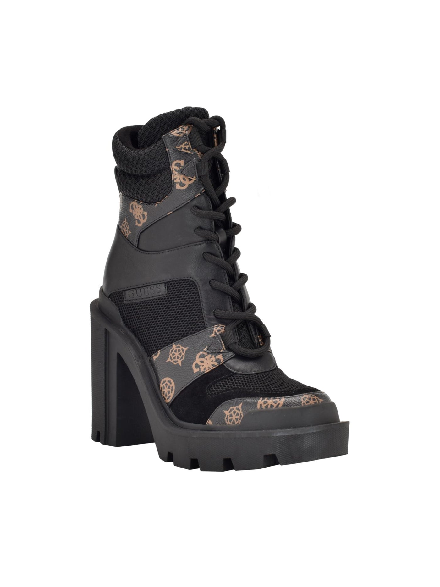 GUESS Womens Black Logo Lug Sole Tadbit Round Toe Block Heel Lace-Up Heeled Boots 7.5 M