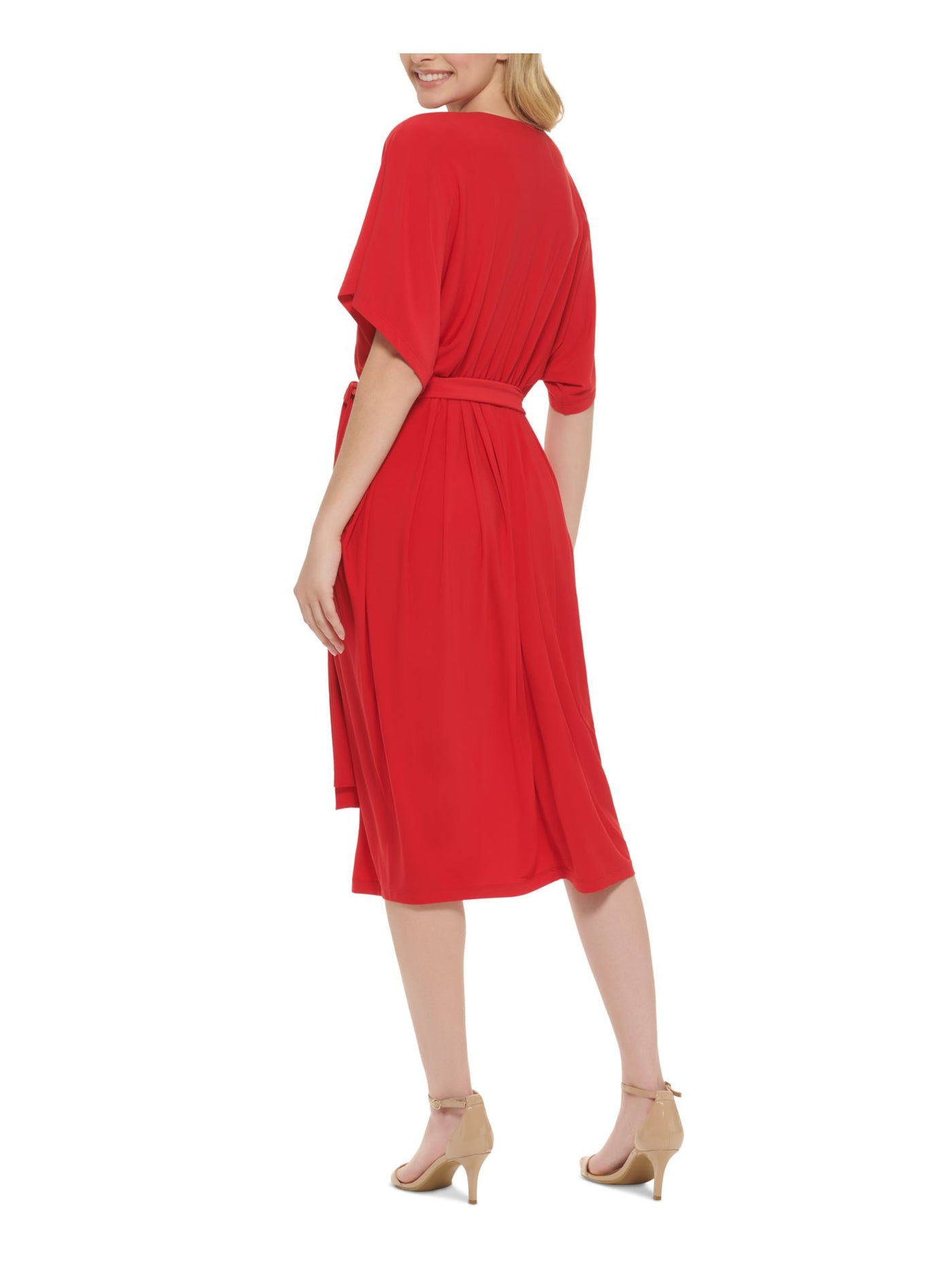 TOMMY HILFIGER Womens Red Pleated Unlined Self-tie Belt Pullover Flutter Sleeve V Neck Midi Party Sheath Dress 18