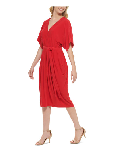 TOMMY HILFIGER Womens Red Pleated Unlined Self-tie Belt Pullover Flutter Sleeve V Neck Midi Party Sheath Dress 18
