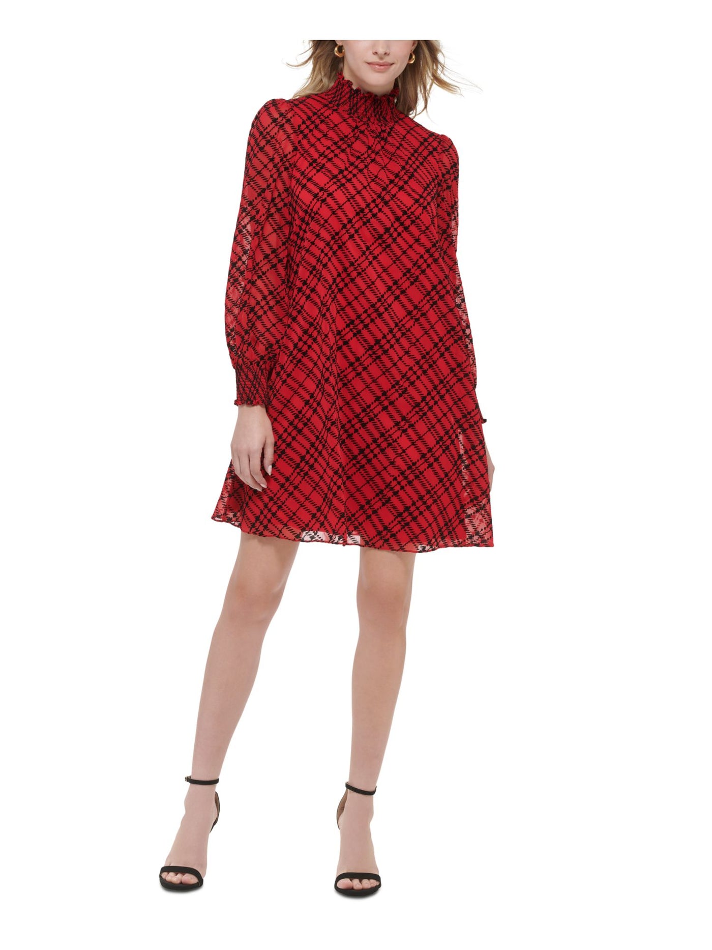 TOMMY HILFIGER Womens Red Plaid Long Sleeve Mock Neck Short Trapeze Dress Petites 2P