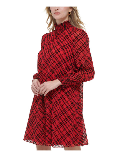 TOMMY HILFIGER Womens Red Plaid Long Sleeve Mock Neck Short Trapeze Dress Petites 6P