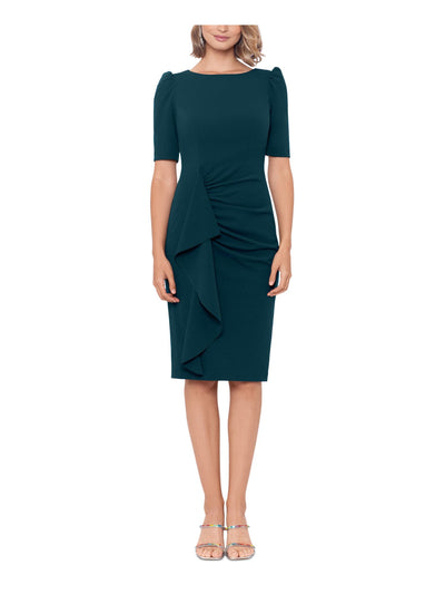 XSCAPE Womens Green Zippered Short Sleeve Round Neck Below The Knee Wear To Work Sheath Dress 6