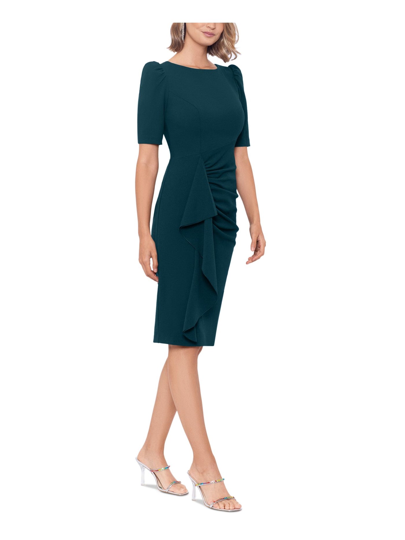 XSCAPE Womens Green Zippered Short Sleeve Round Neck Below The Knee Wear To Work Sheath Dress 6