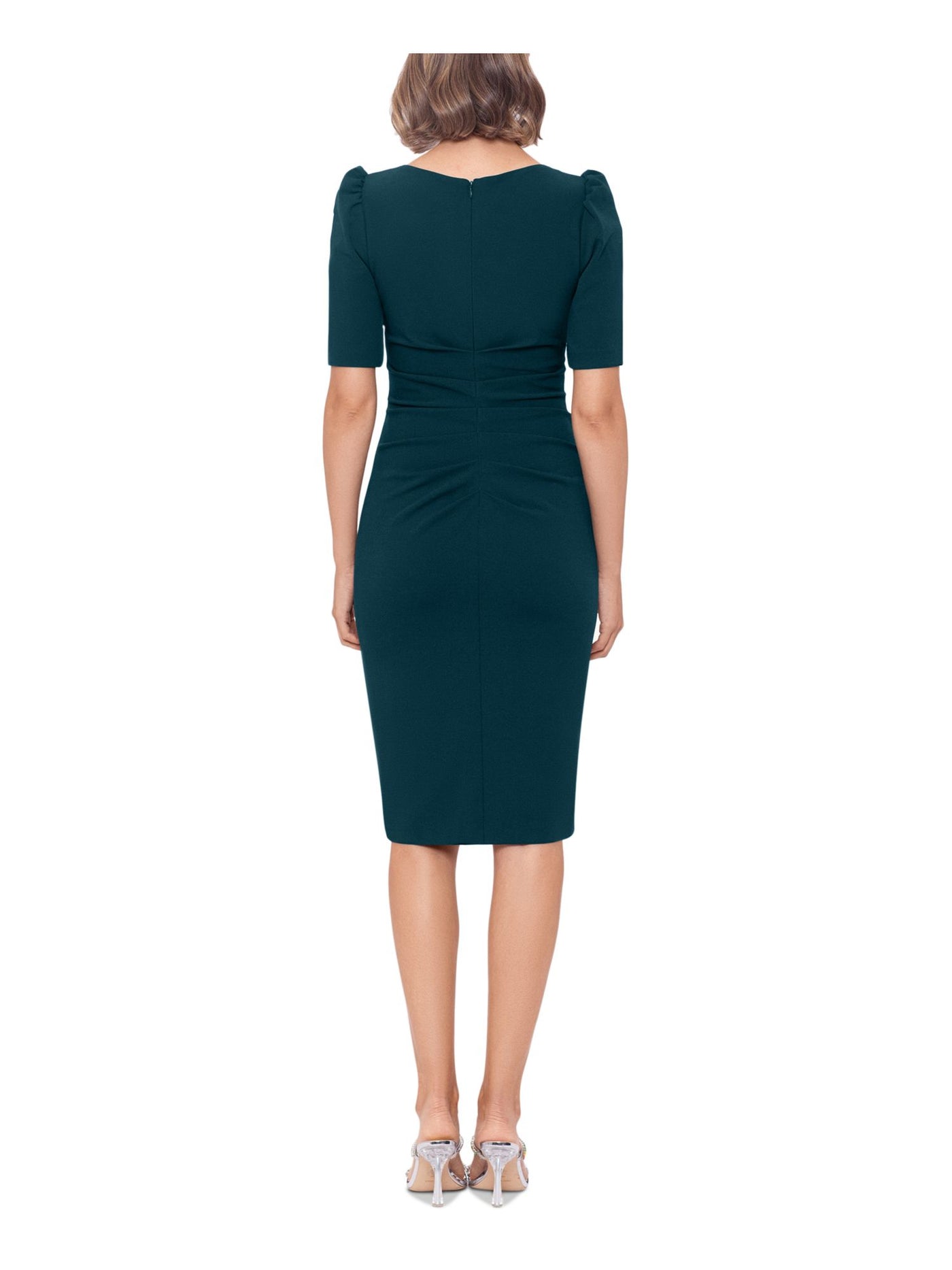 XSCAPE Womens Green Zippered Short Sleeve Round Neck Below The Knee Wear To Work Sheath Dress 6