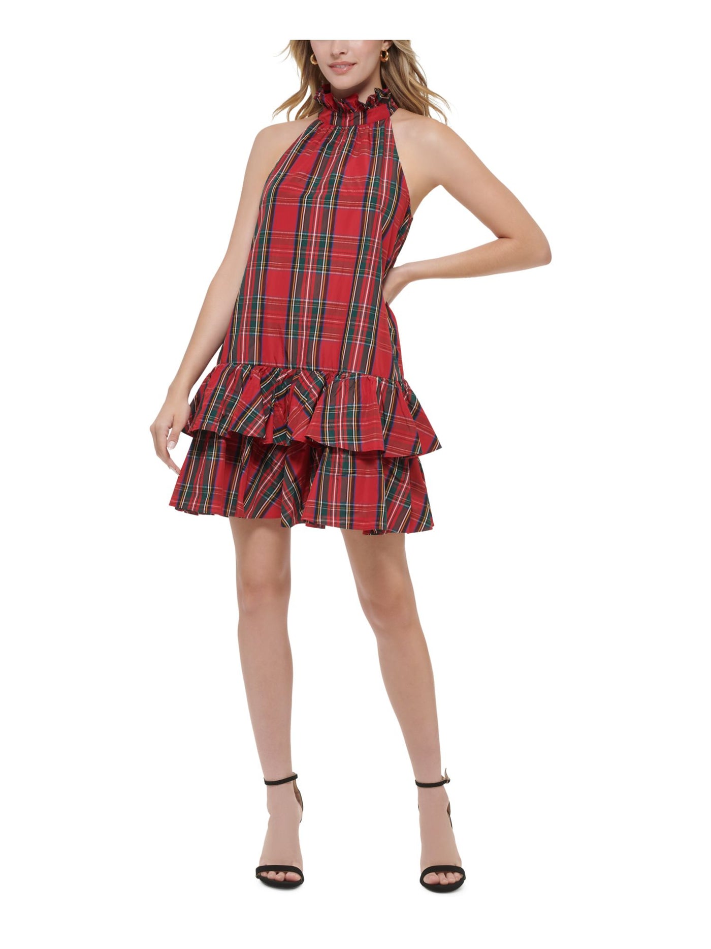 TOMMY HILFIGER Womens Red Zippered Plaid Sleeveless Halter Above The Knee Ruffled Dress 8